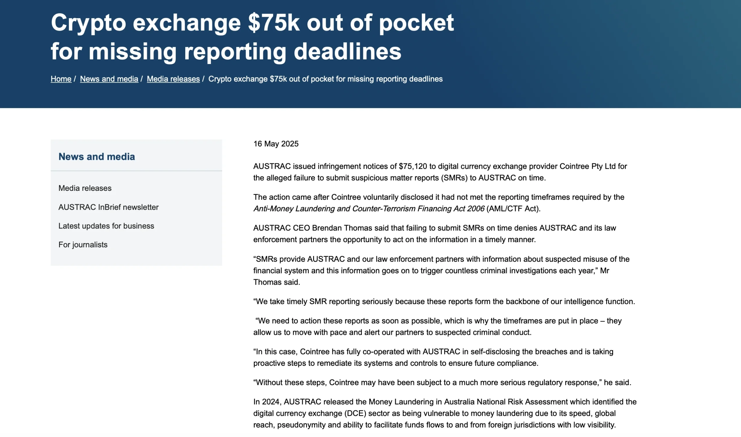 Cointree Fined by AUSTRAC Over SMR Delays in 2025